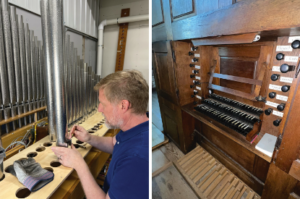 Above Left: Every pipe must be meticulously adjusted for the desired strength, speech, and tone, then cut to the correct length for proper tuning. Above Right: Installed Dobson Pipe Organ